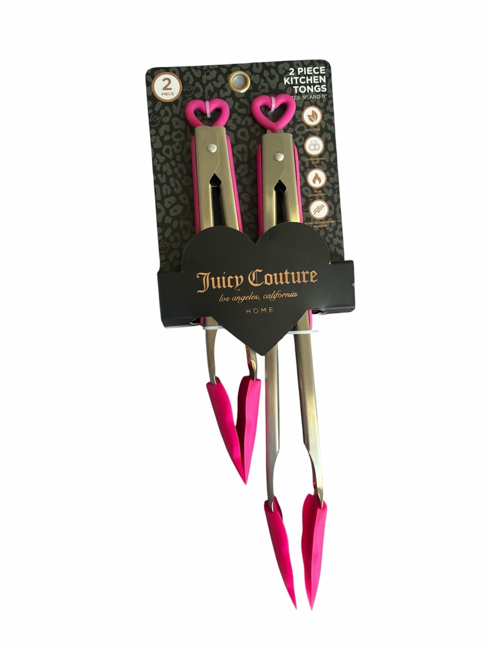 Juicy Couture Pink Heart-Top Stainless Steel Kitchen Tongs - 2 Pc Set